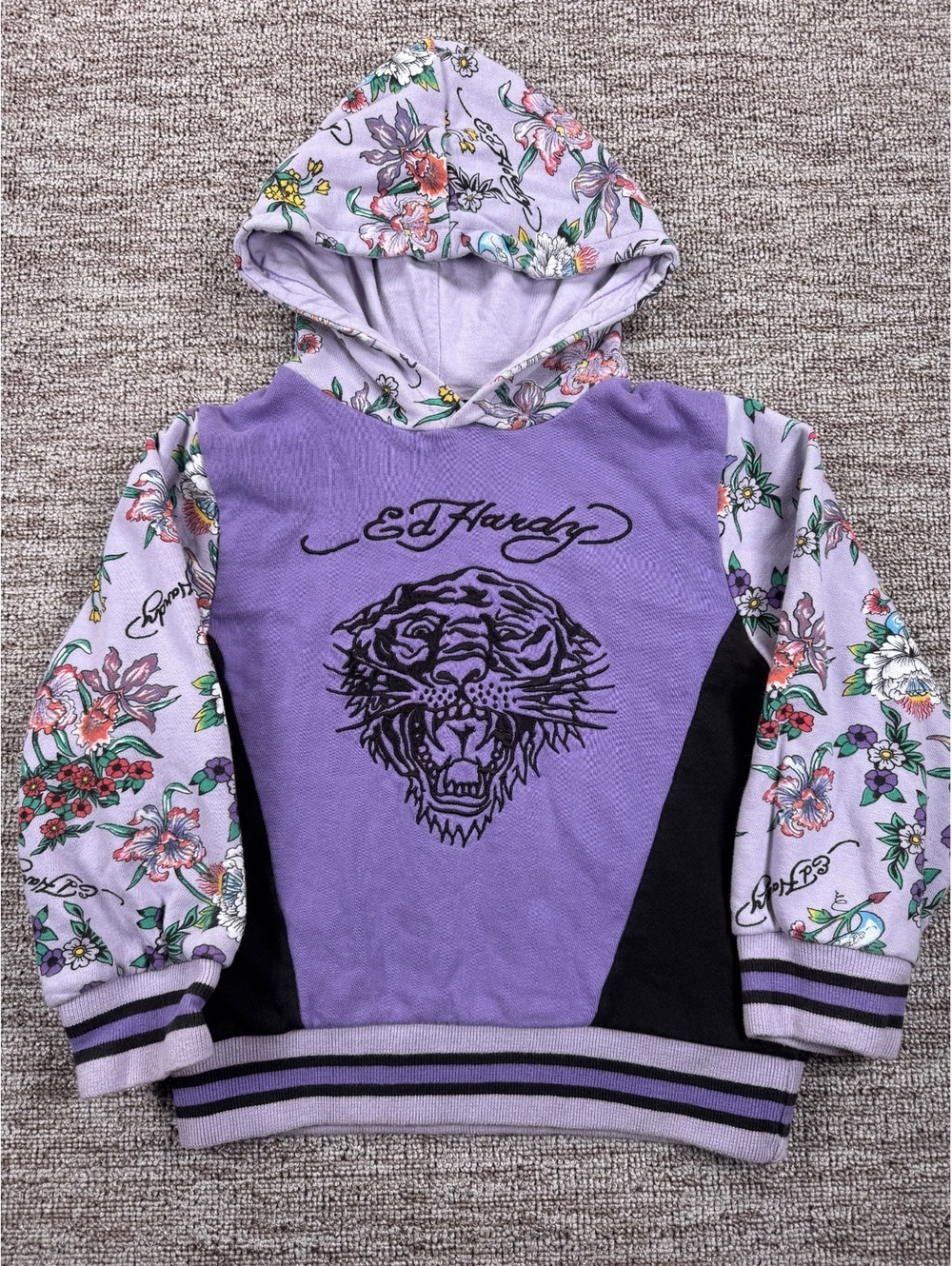 Youth Ed Hardy Floral Tiger Embroidered Pullover Hoodie, Purple, Size 6